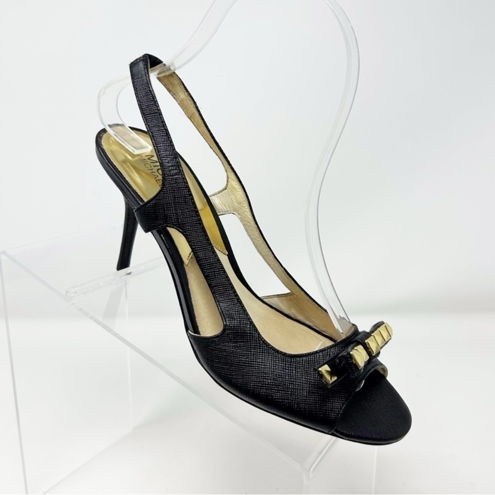Michael Kors Livvy Black Leather Slingback Sandals Size 6.5 with Studded Bow